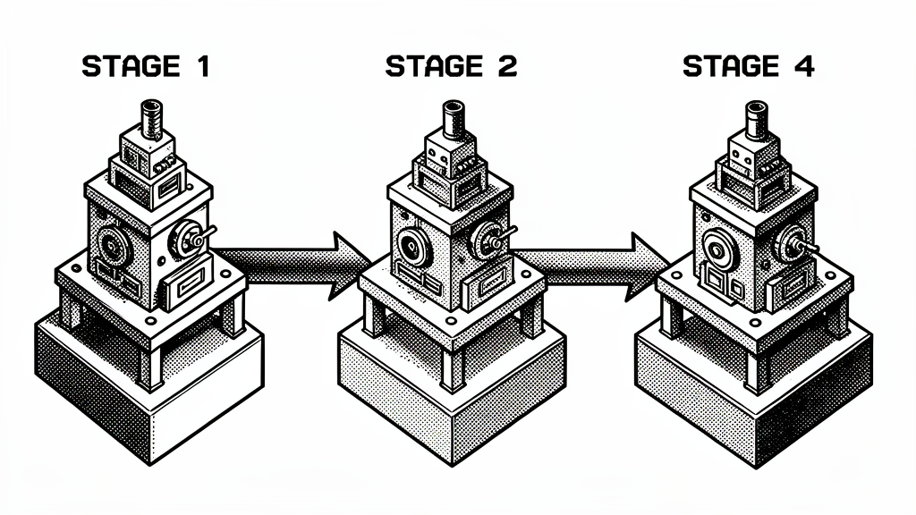 The 5-stage pipeline: five interconnected factory platforms, each with industrial machines, arrows flowing from left to right through SFT, Merge, Upcycle, YaRN, and Wiring. The production line for Senter Ohm.