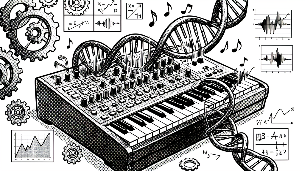 A music synthesizer being transformed by a DNA double helix wrapping around it, with sound waveforms emerging — generative models being evolved