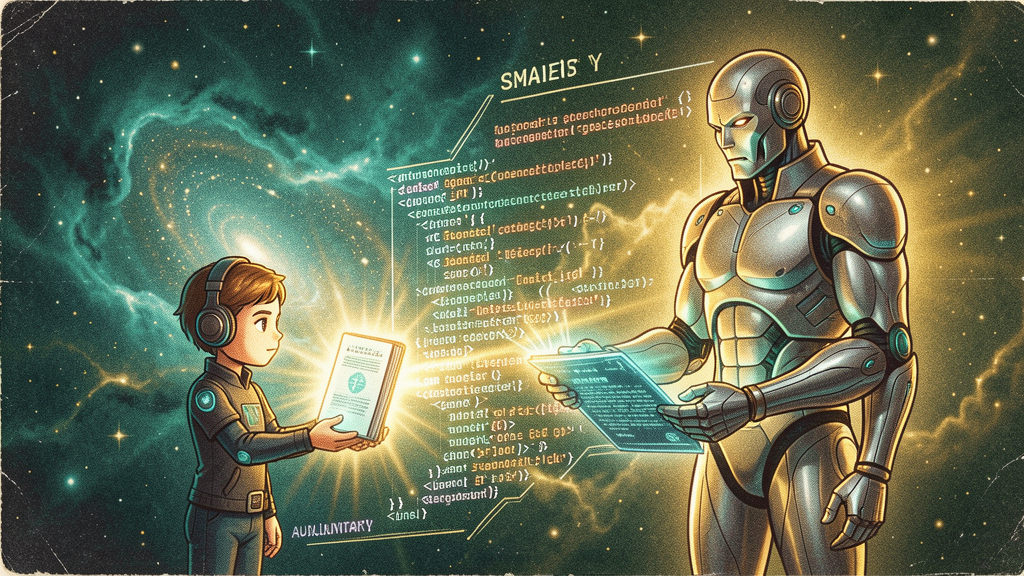 Two AI entities facing each other — a small focused character with headphones (the auxiliary) and a large powerful radiant figure (the smart agent) — connected by a holographic stream of structured YAML data