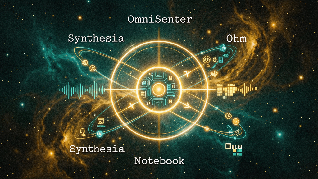 Senter Ohm as a cosmic node: a central AI surrounded by orbital rings labeled with subsystems, with streams of text, audio, and image flowing in and out. The whole architecture, visualized.
