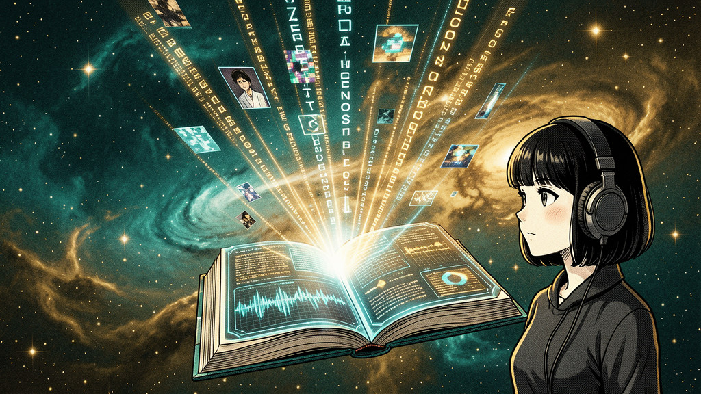 The notebook as cosmic holographic artifact: open pages emanating beams of text, audio waveforms, and image fragments, observed by the Omni VA character