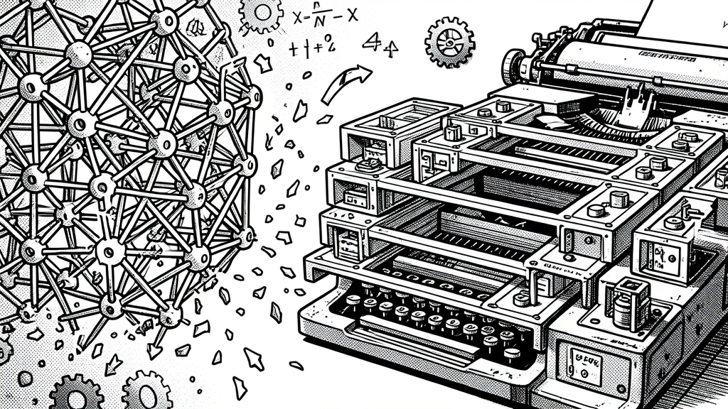 A dense neural network being broken apart and reorganized into multiple parallel expert columns, in retro manga industrial style