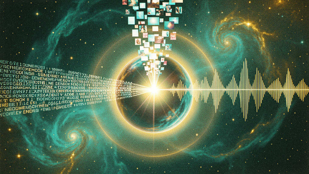 Cosmic convergence: three streams of text, audio, and image flowing into a single bright point of memory.